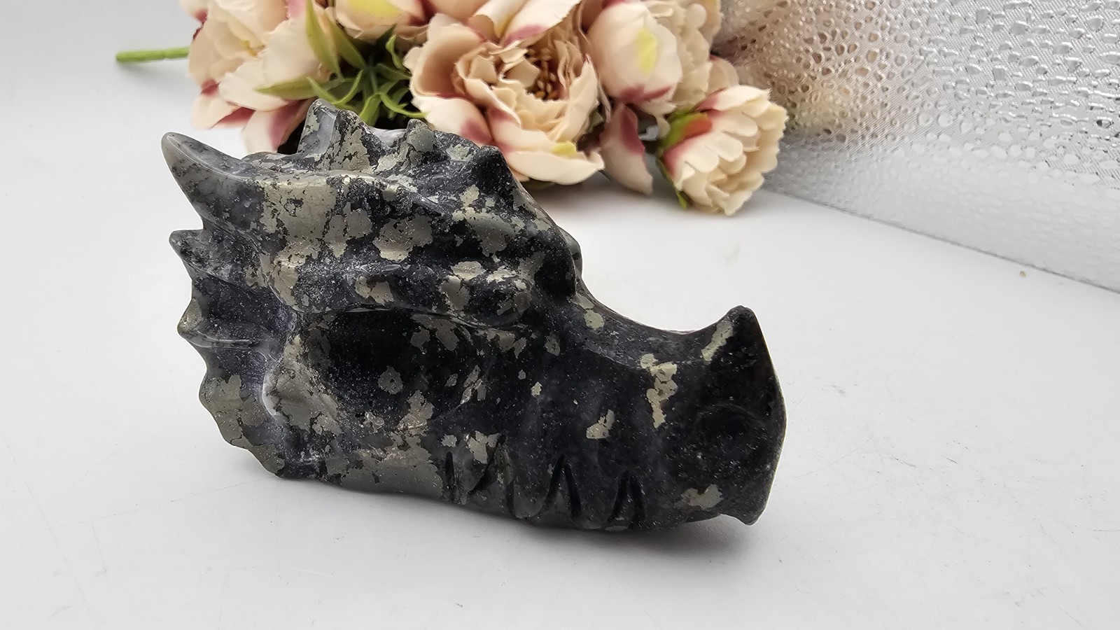 Pyrite crystal Dragon head Carving 6.8 X 4.4cm 157g Abundance Wealth
