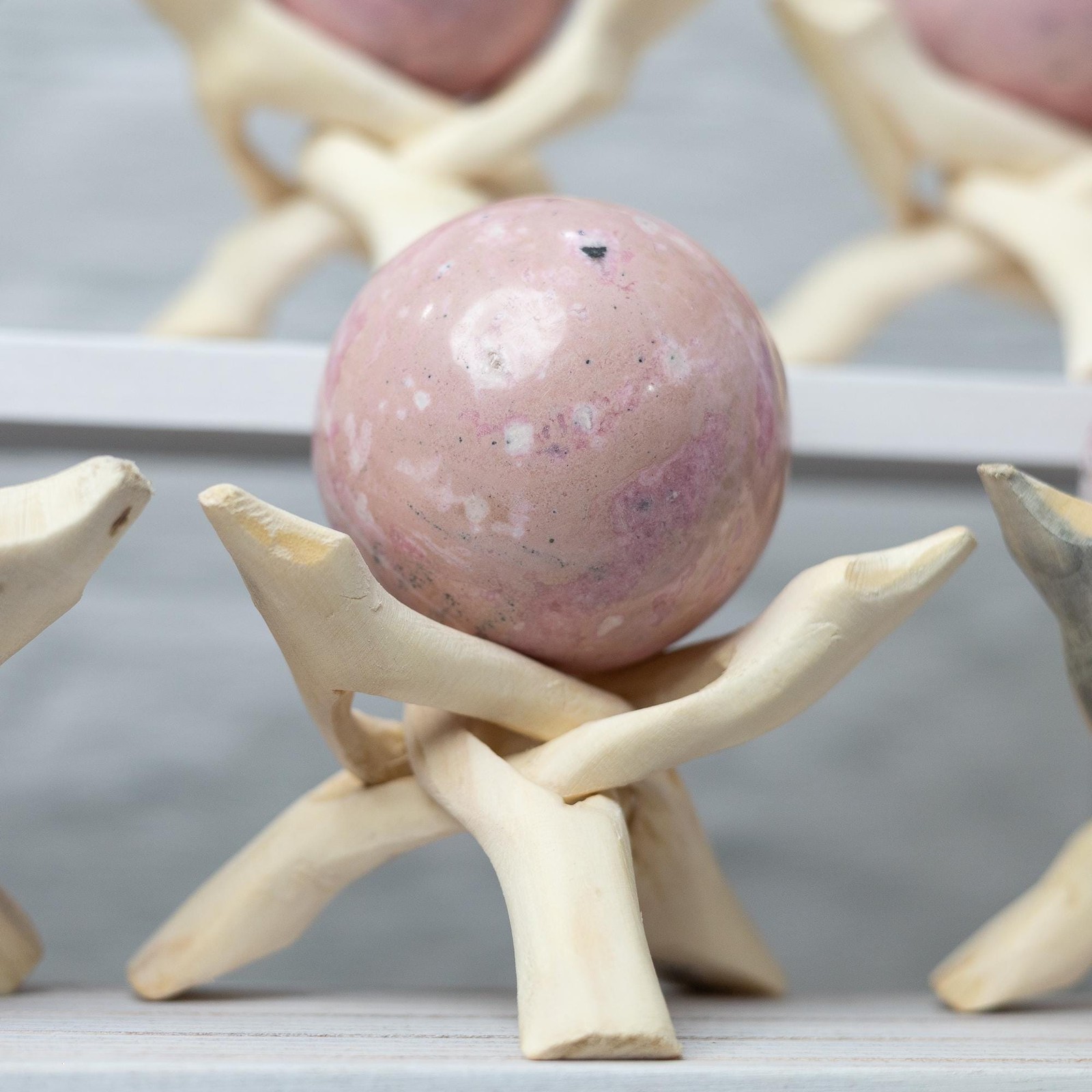 Rhodonite Sphere with Stand Pink White Crystal Ball Natural Stone Specimen Gift