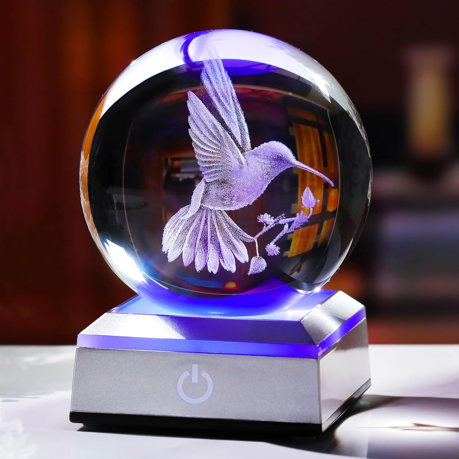 Crystal Ball 3D Engraved Hummingbird with LED Colorful Base, 3.15″ Glass Sphere
