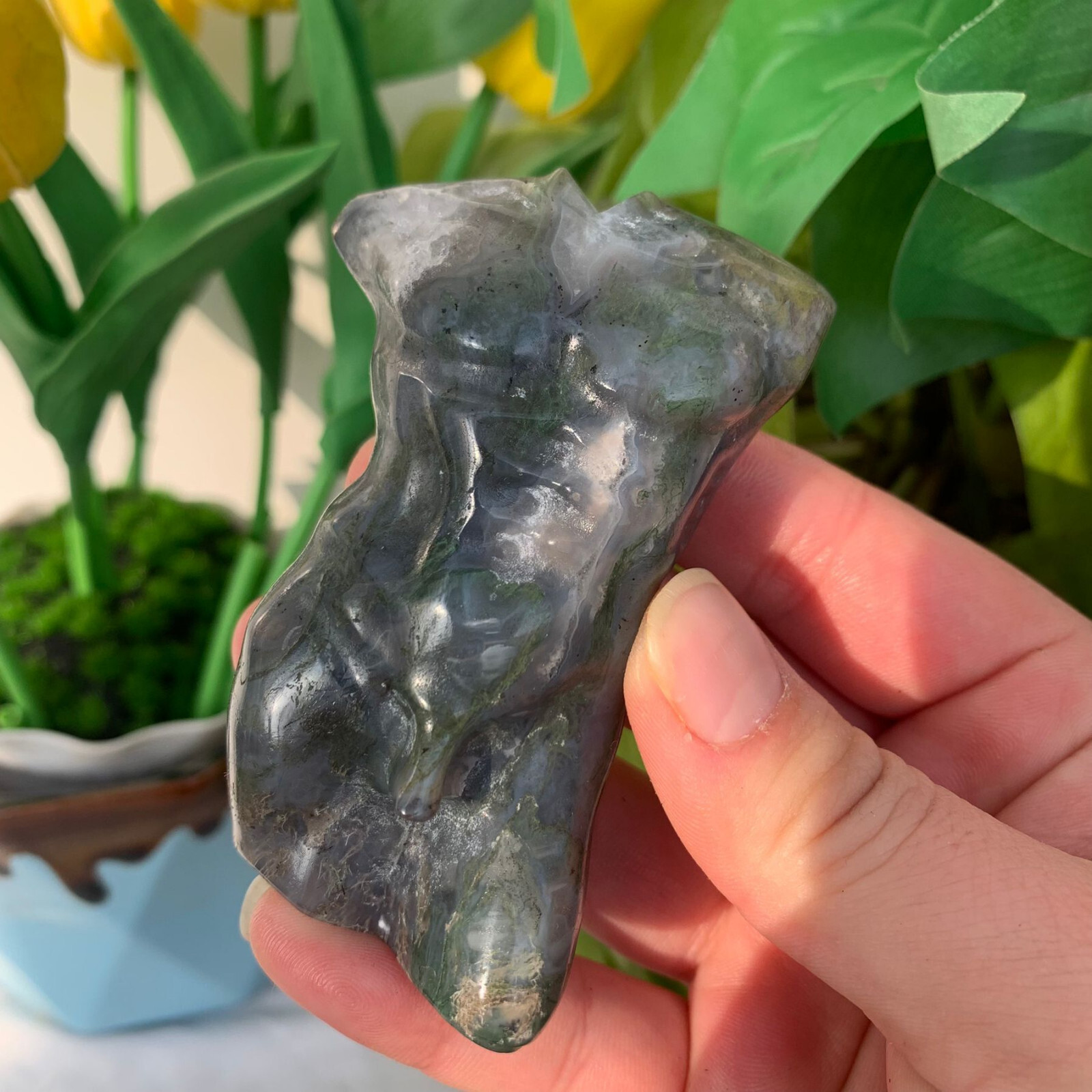 138g Moss Agate Stone Male Body Model Carving Quartz Crystal Specimen Gift