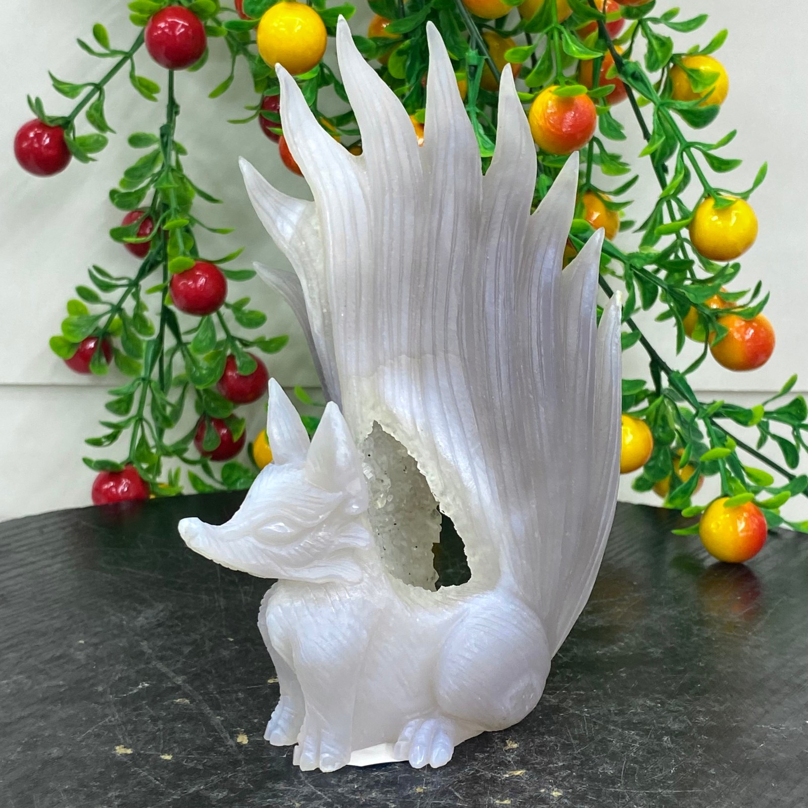 449G Natural Agate Geode Hand Carved Nine-tailed Fox Quartz Crystal Decor