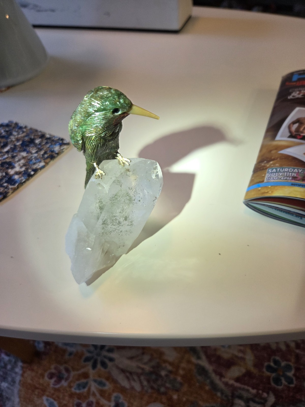 Peter Müller Carved Gemstone Hummingbird on Tourmalinated Quartz Crystal 4.5″