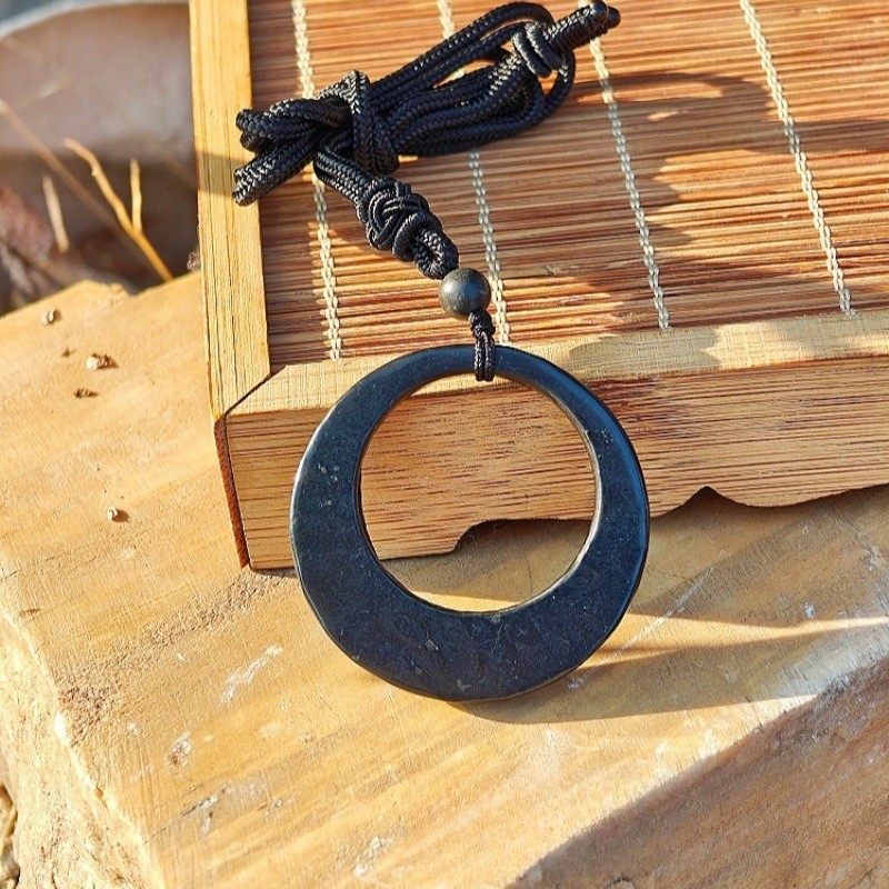 Shungite retro design classic style black circular energy stone pendant