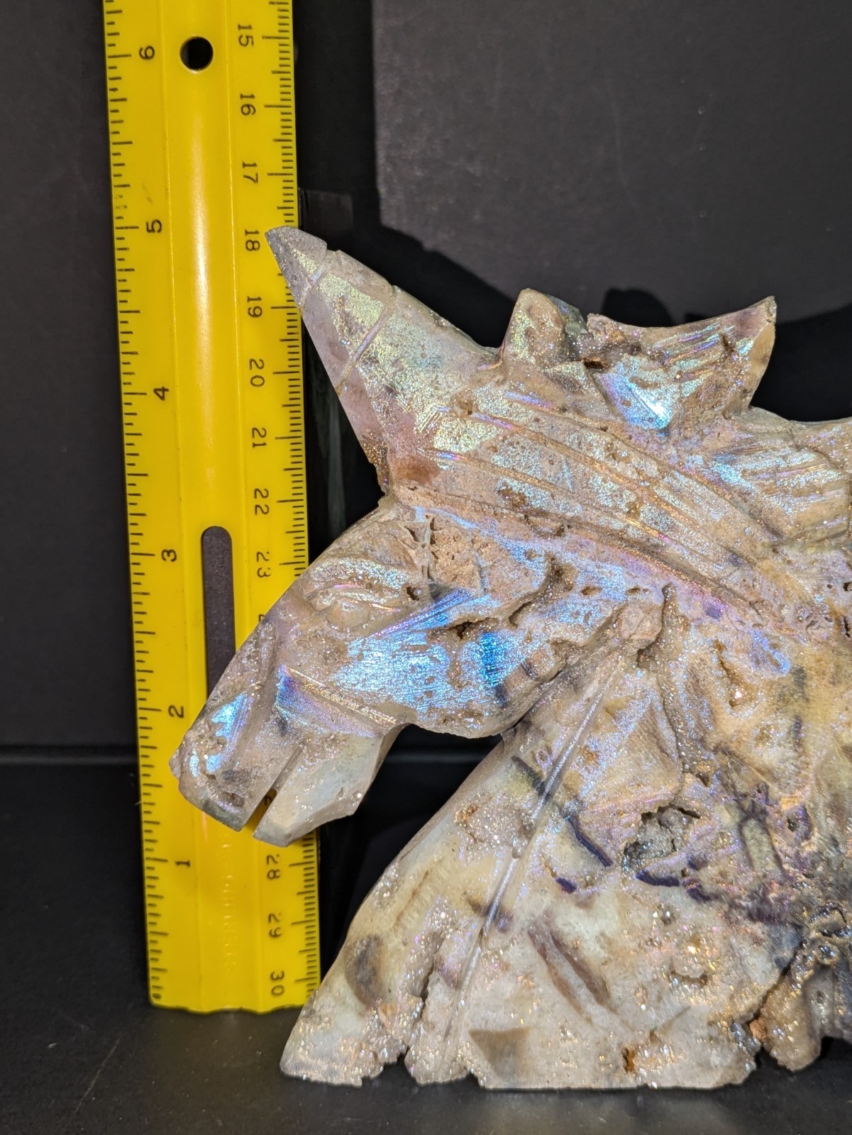 Aura Sphalerite Crystal Unicorn Carving Shiny Blue Purple Pink Gold With Druzies
