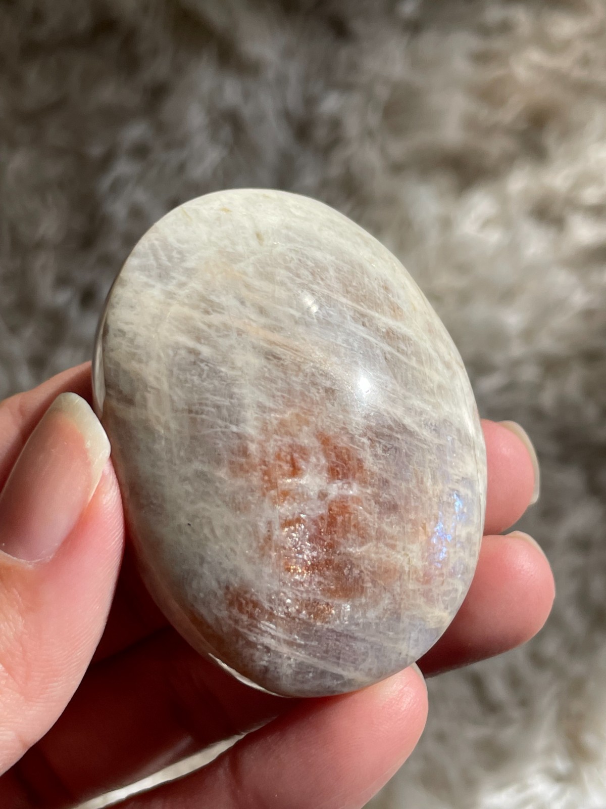 Rainbow Moonstone with Sunstone Palmstone, Medium – Light Flashes (MT)