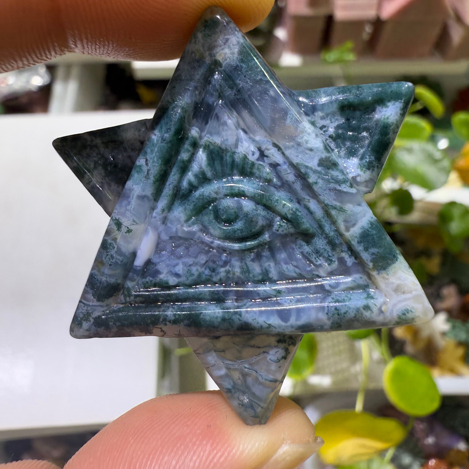Natural Water grass agate God’s eye Quartz Crystal Carved Reiki Healing 1pc