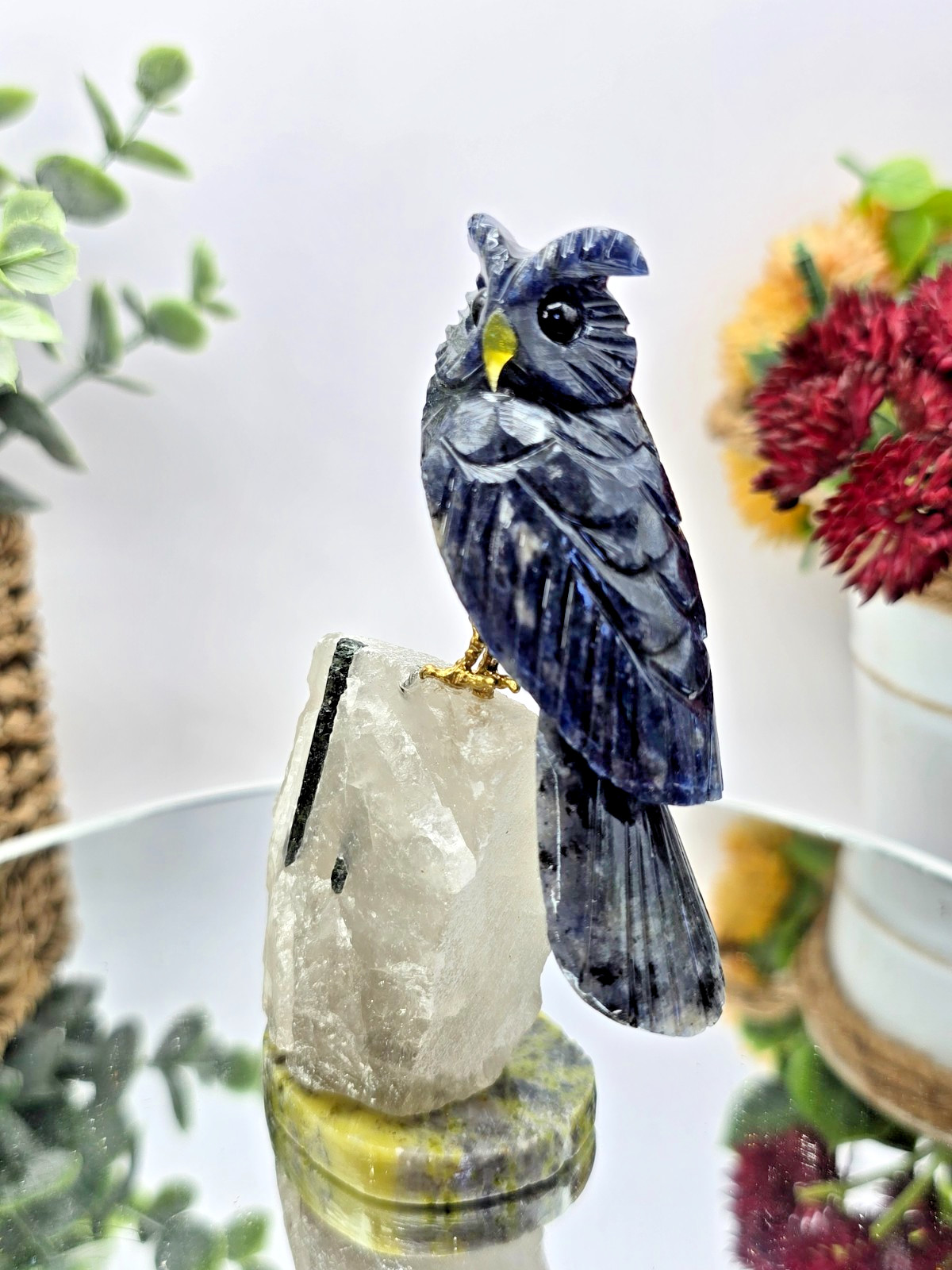 Dark Blue Hand Carved Owl on Crystal Base 4″ Natural Stone Bird