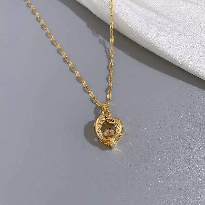 Women’s Fashion Jewelry Gold Cubic Zircon Dolphins Pendant Necklace 1PC
