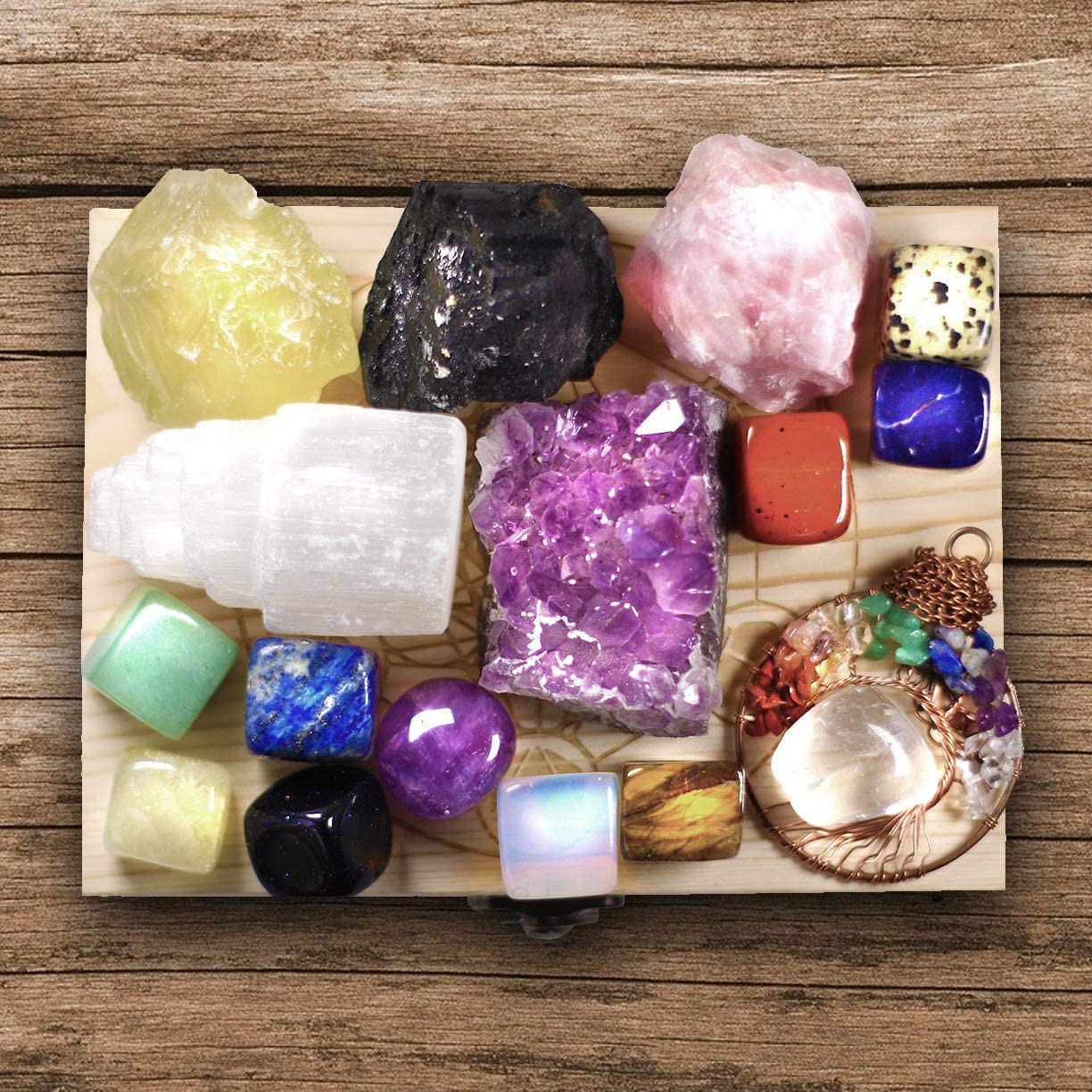 16 LARGE Natural Healing Crystals Set in Wooden Box – Tumbled, Rough & Raw Cryst