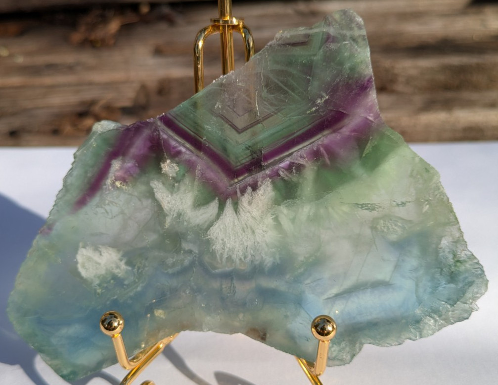 Purple Green Fluorite geometric banding w/snowflake feather slab crystal Unique!