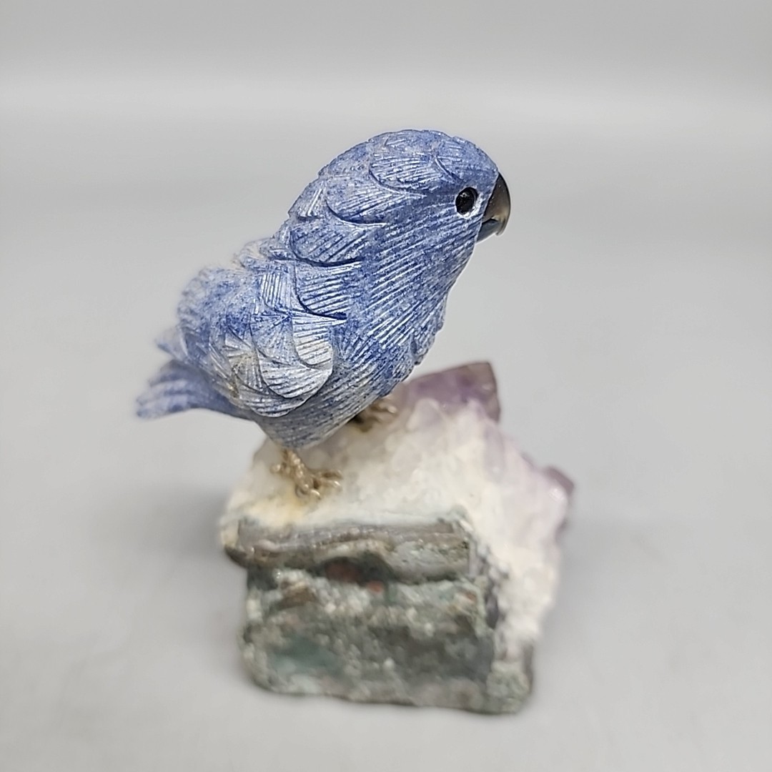 Vintage gemstone Blue Ceramic Macaw perched on Purple amethyst base 4″