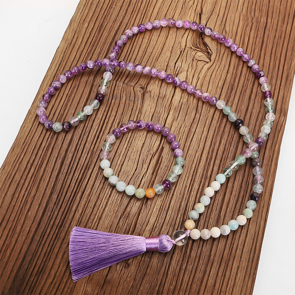 8mm Natural Rainbow Fluorite Amethyst Gemstone 108 Beads Mala Necklace Bracelet