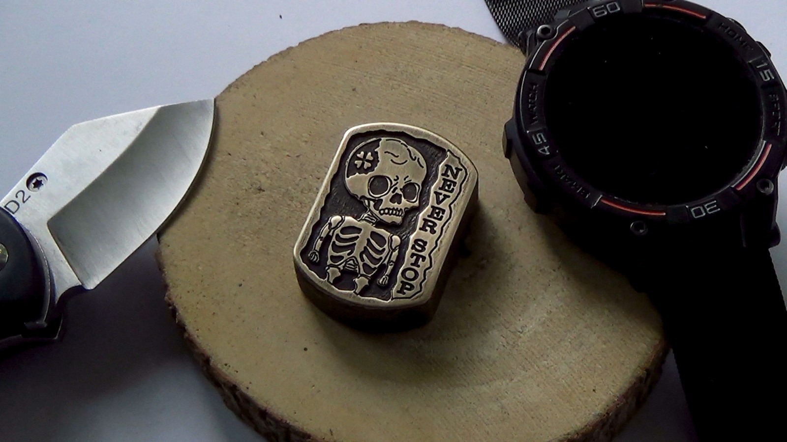Brass Skeleton Motivational Coin Never Stop – Worry Stone Pocket Token Fidget To