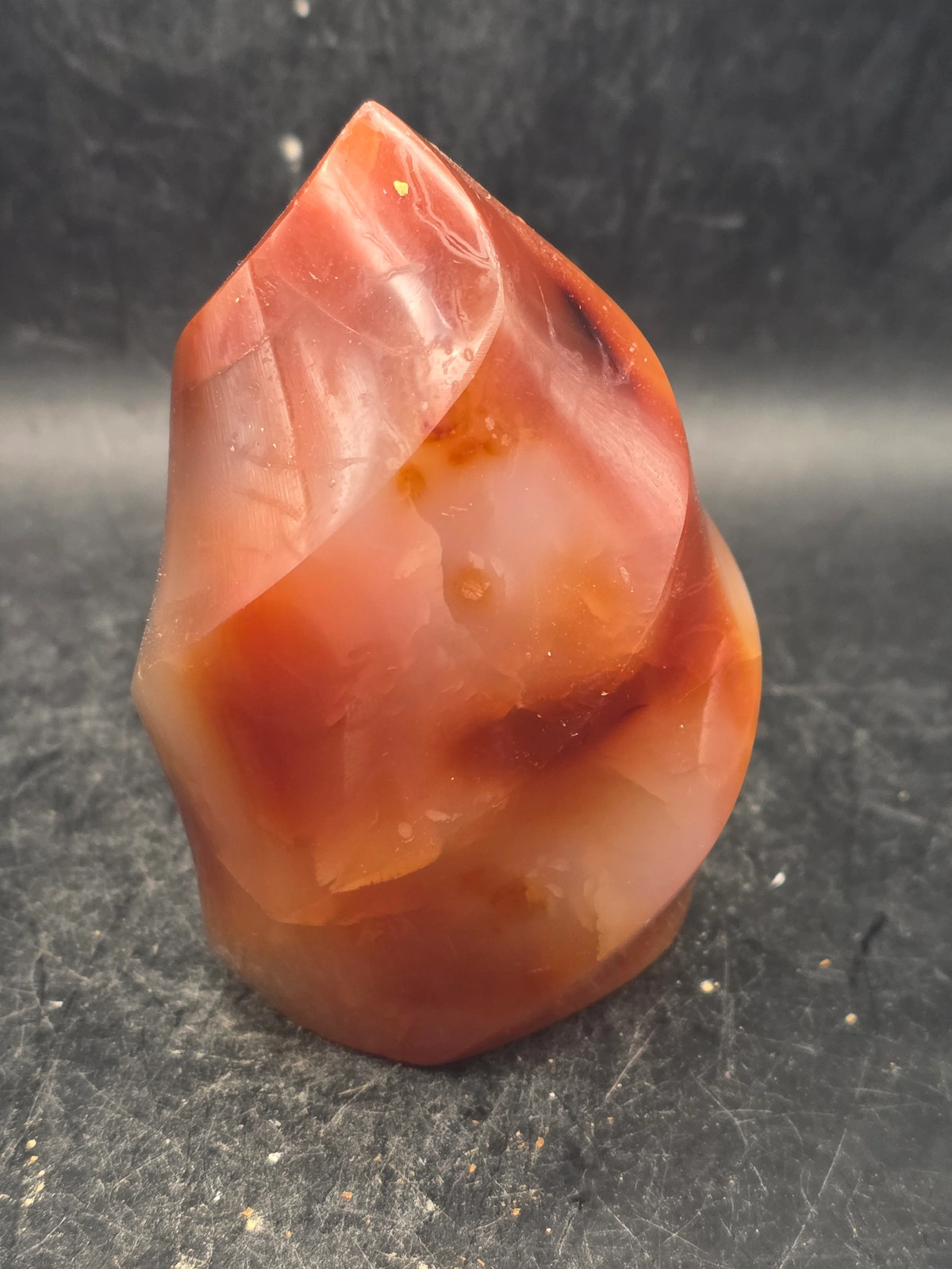 Carnelian agate flame tower! 10 ounces, 3.2 inches tall, 2.2″ wide!