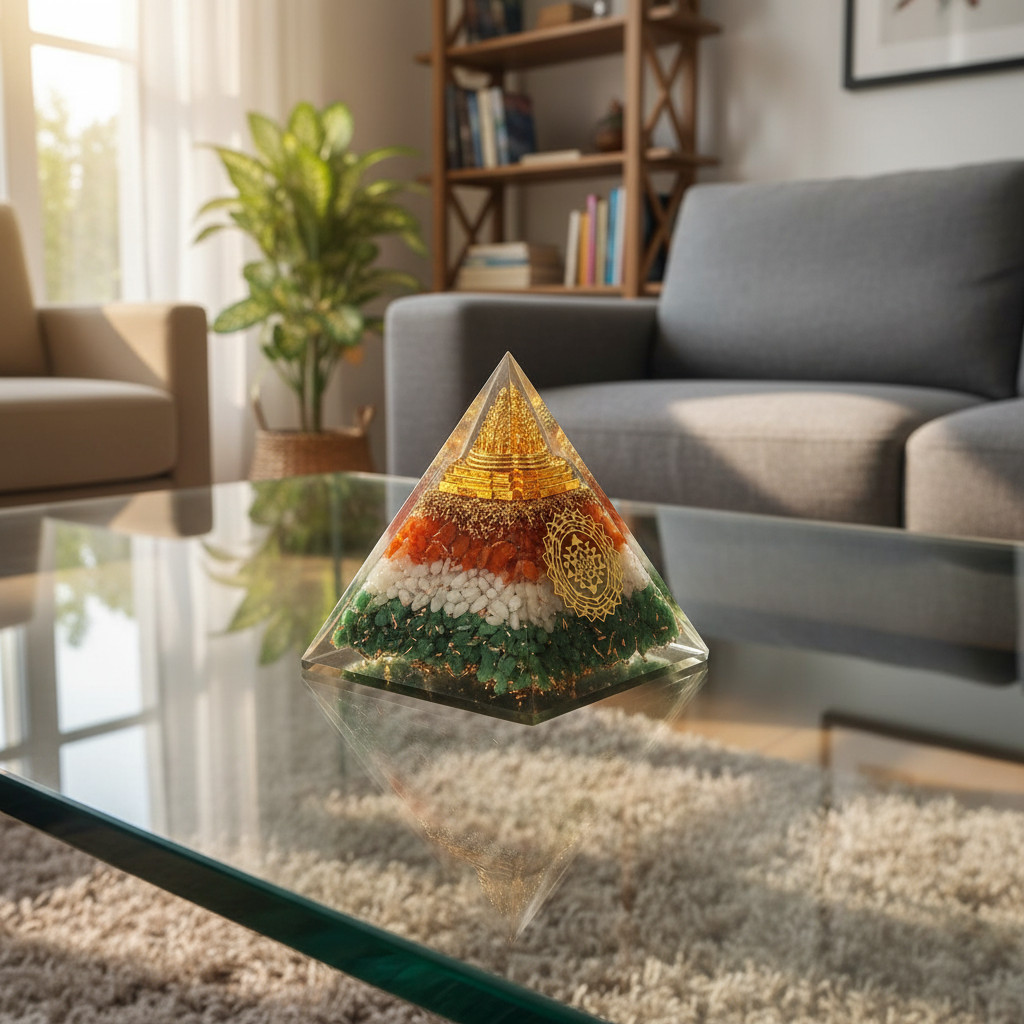 Orgonite Pyramid with Sri Yantra, Green Aventurine, Carnelian & Clear Quartz