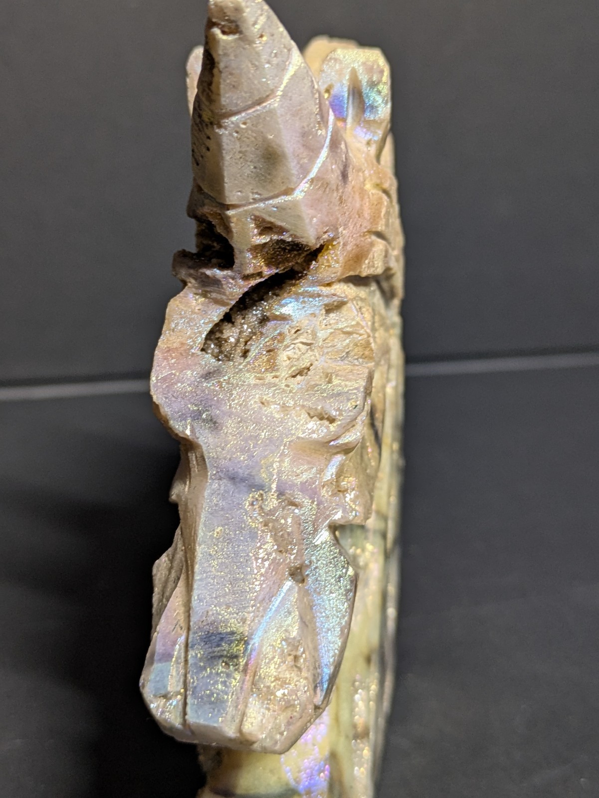 Aura Sphalerite Crystal Unicorn Carving Shiny Blue Purple Pink Gold With Druzies