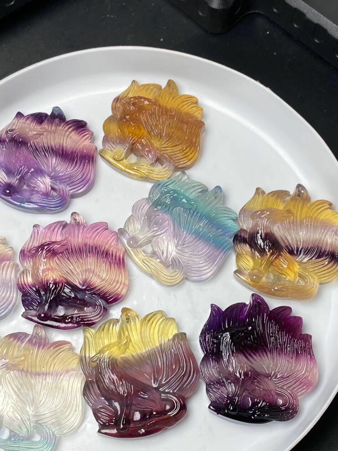 Natural Colorful Rainbow Fluorite Quartz Crystal Carved Nine-Tail Fox Pendant