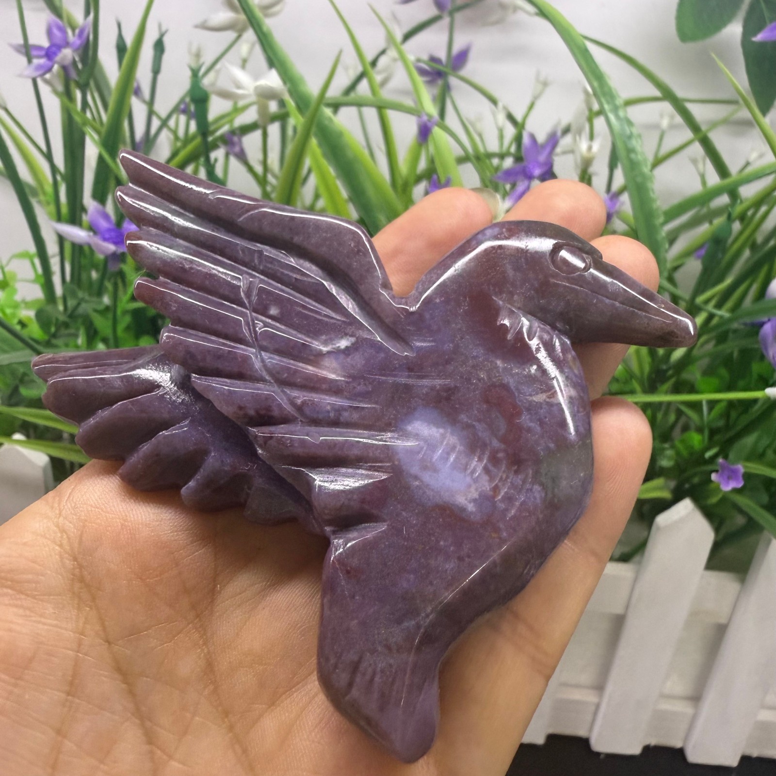 3.7″ natural ocean jasper Hummingbird Carved Reiki Crystal Skull Decor heal Gift