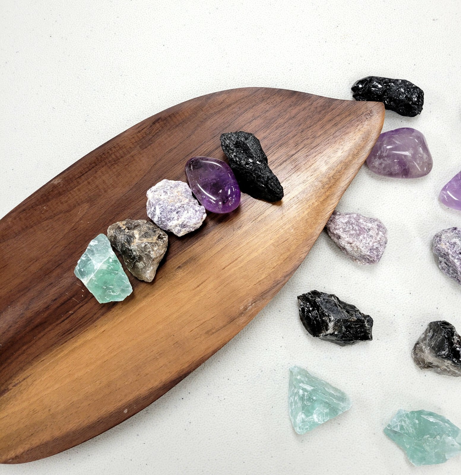 Crystal Set for Empaths, Tourmaline Amethyst Lepidolite Smoky Quartz Fluorite