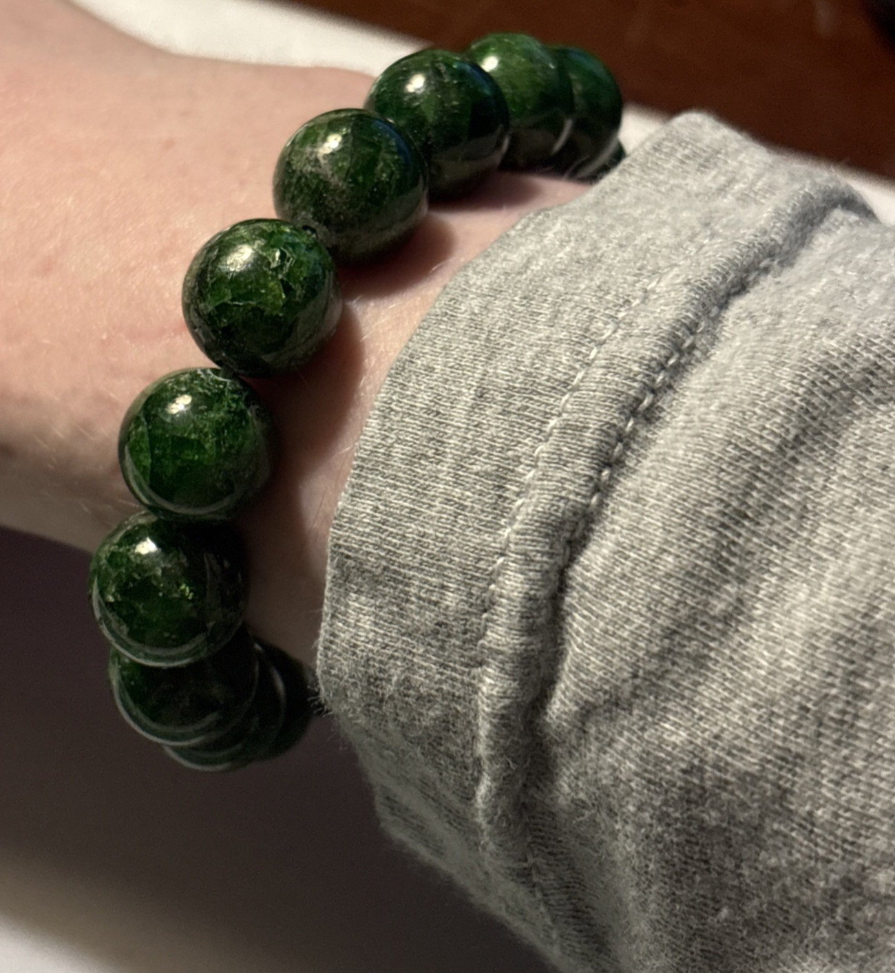 FINE CHROME DIOPSIDE GEM BRACELET FROM RUSSIA – 7.5″ – 13mm ROUND BEADS