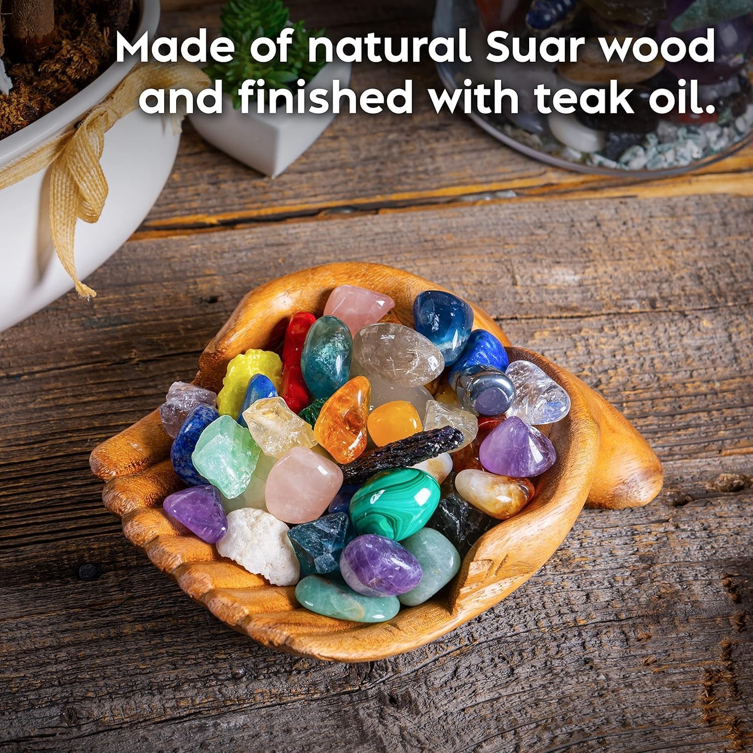 Carved Hands Offering Bowl – Crystal Holder for Stones, Rock Collection Holde…