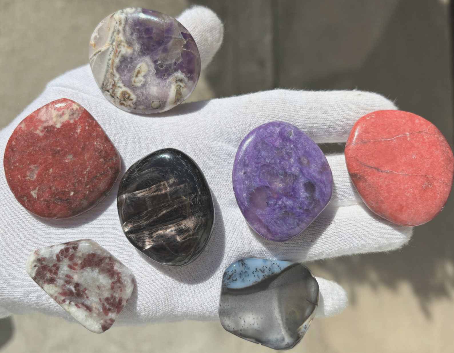 USA SALE SEE VIDEO 146g 7 LOT THULITE CHAROITE HYPERSTHENE BLUE OPAL PALM STONE