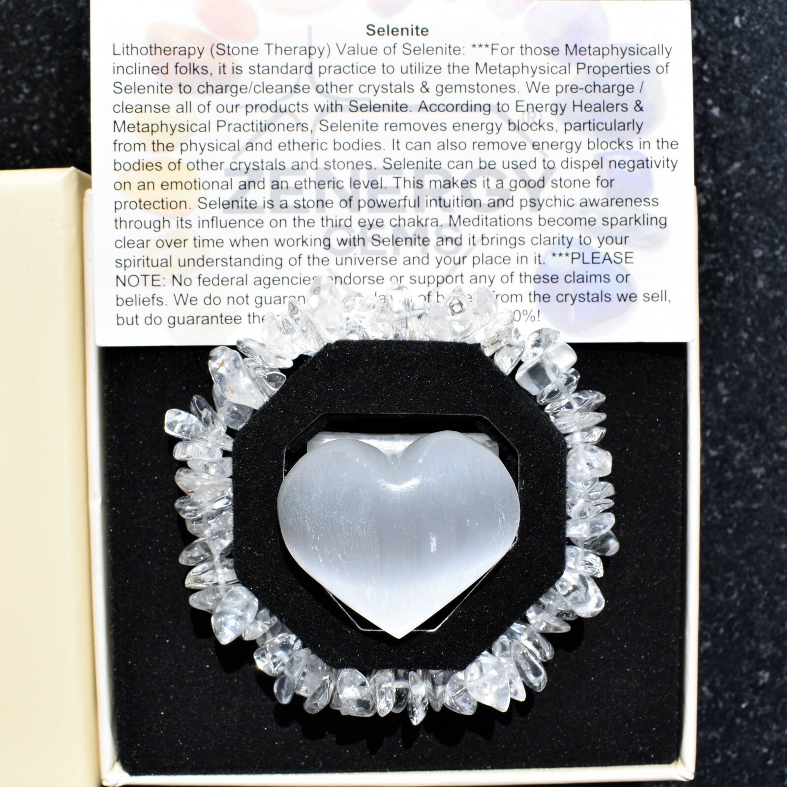 CHARGED Amplifier (Clear) Quartz Crystal Chip Stretchy Bracelet + Selenit Heart