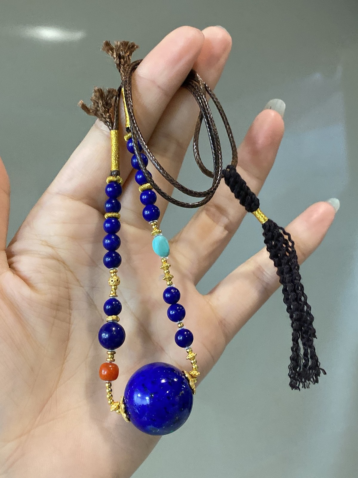 Glossy Old Mine Lapis Center Bead Choker Gold Wrapped Multi Stone Short Necklace