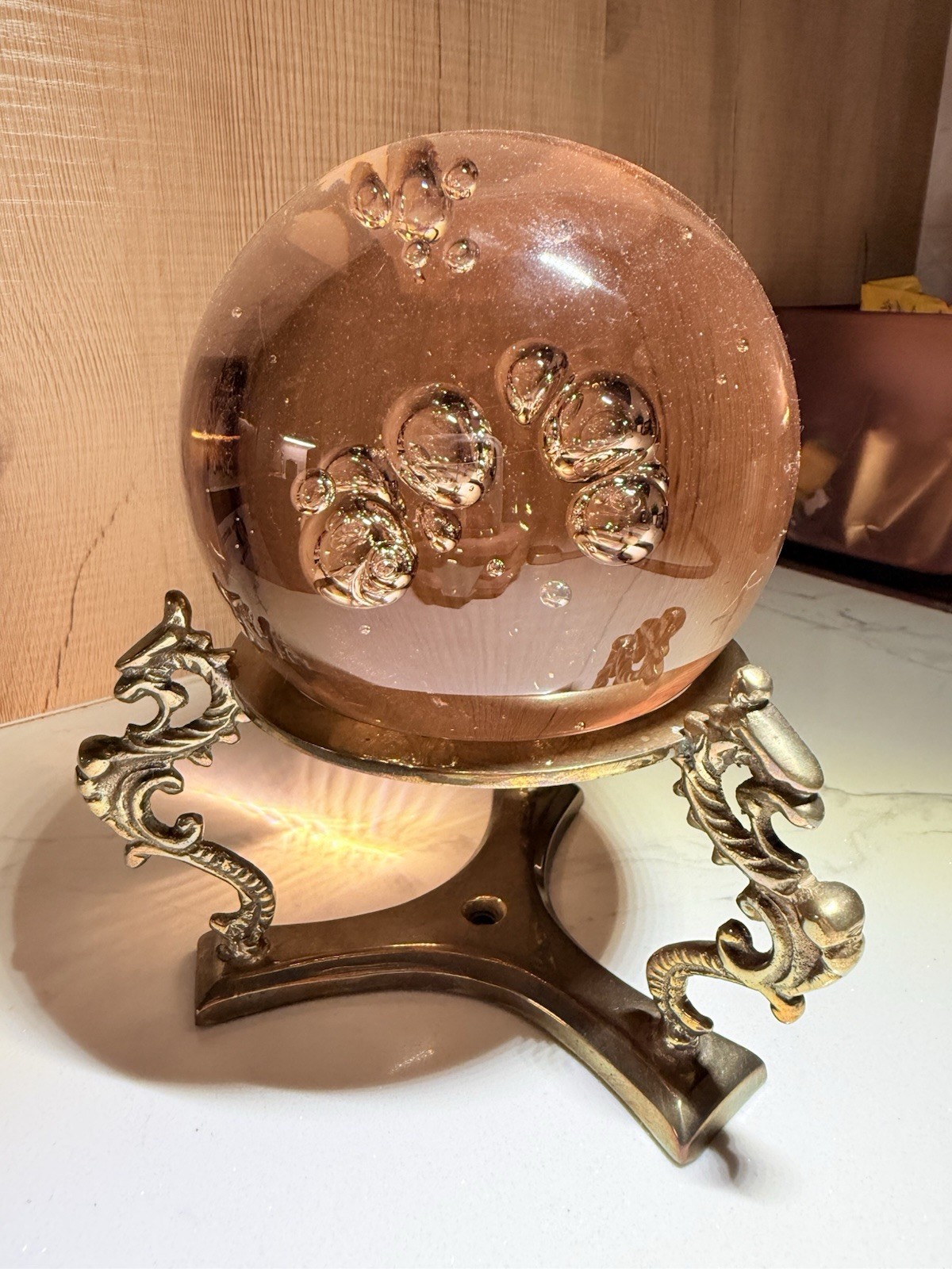 Large Vintage Lead Crystal Ball Sphere on Ornate Dragon Brass Stand