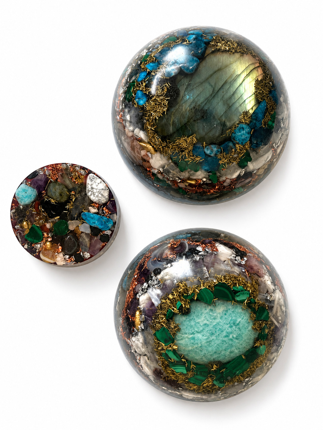 3 Pc Orgonite Crystal Dome Set Handmade Resin Gemstone Meditation Decor