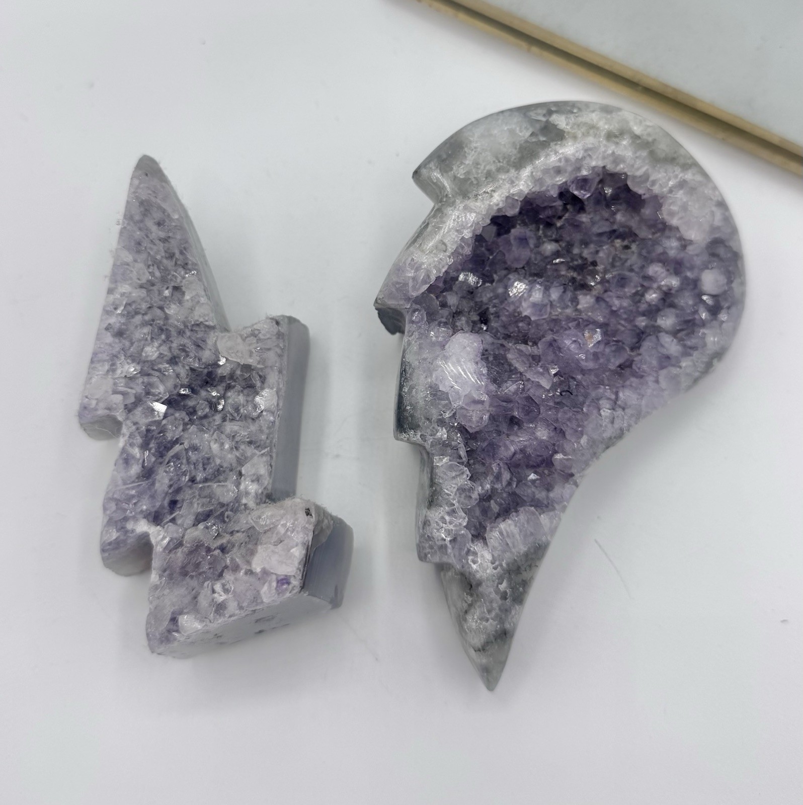Amethyst Crystal Cluster Geode Angel Wing and Lightning Bolt Set of 2
