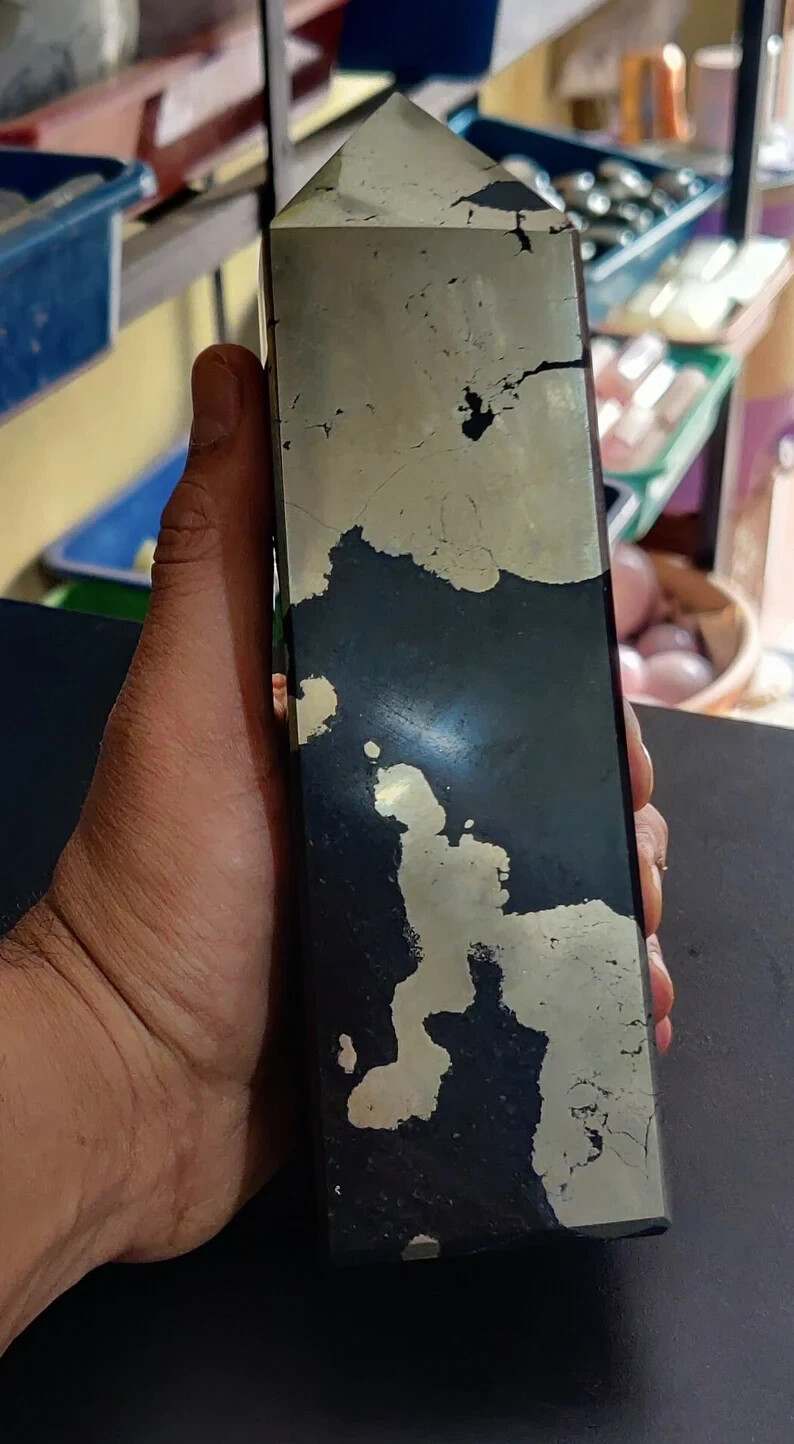 180mm Gold Pyrite Tower Obelisk Natural Peru Crystal Point Healing Stone Decor