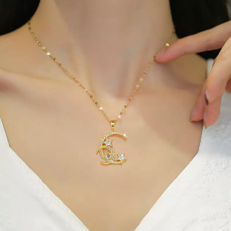 Fashion Jewelry Gold Cubic Zircon Crescent Moon And Stars Pendant Necklace 1PC