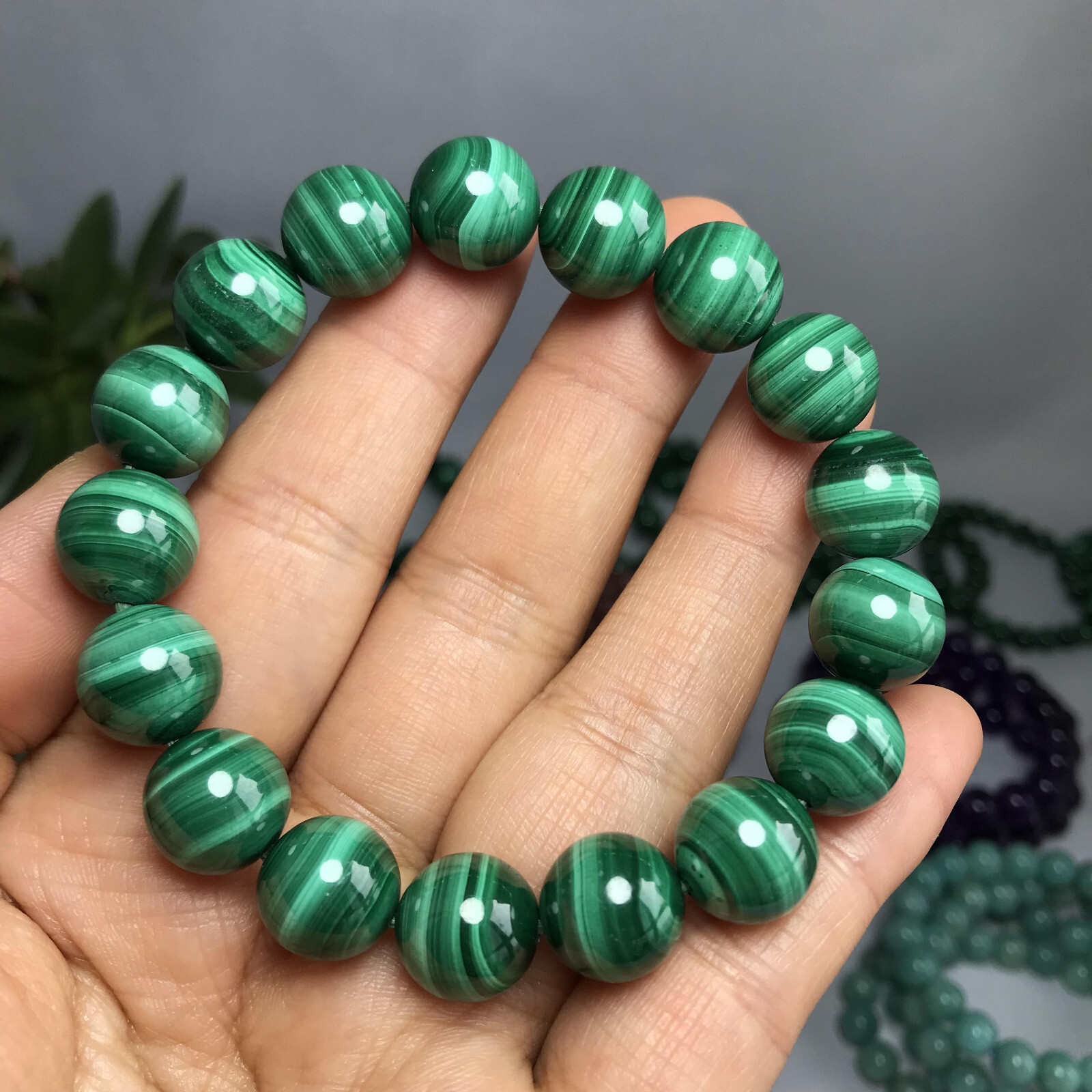 12mm Natural malachite gemstone Crystal chain beads bracelet 62-33g A5261