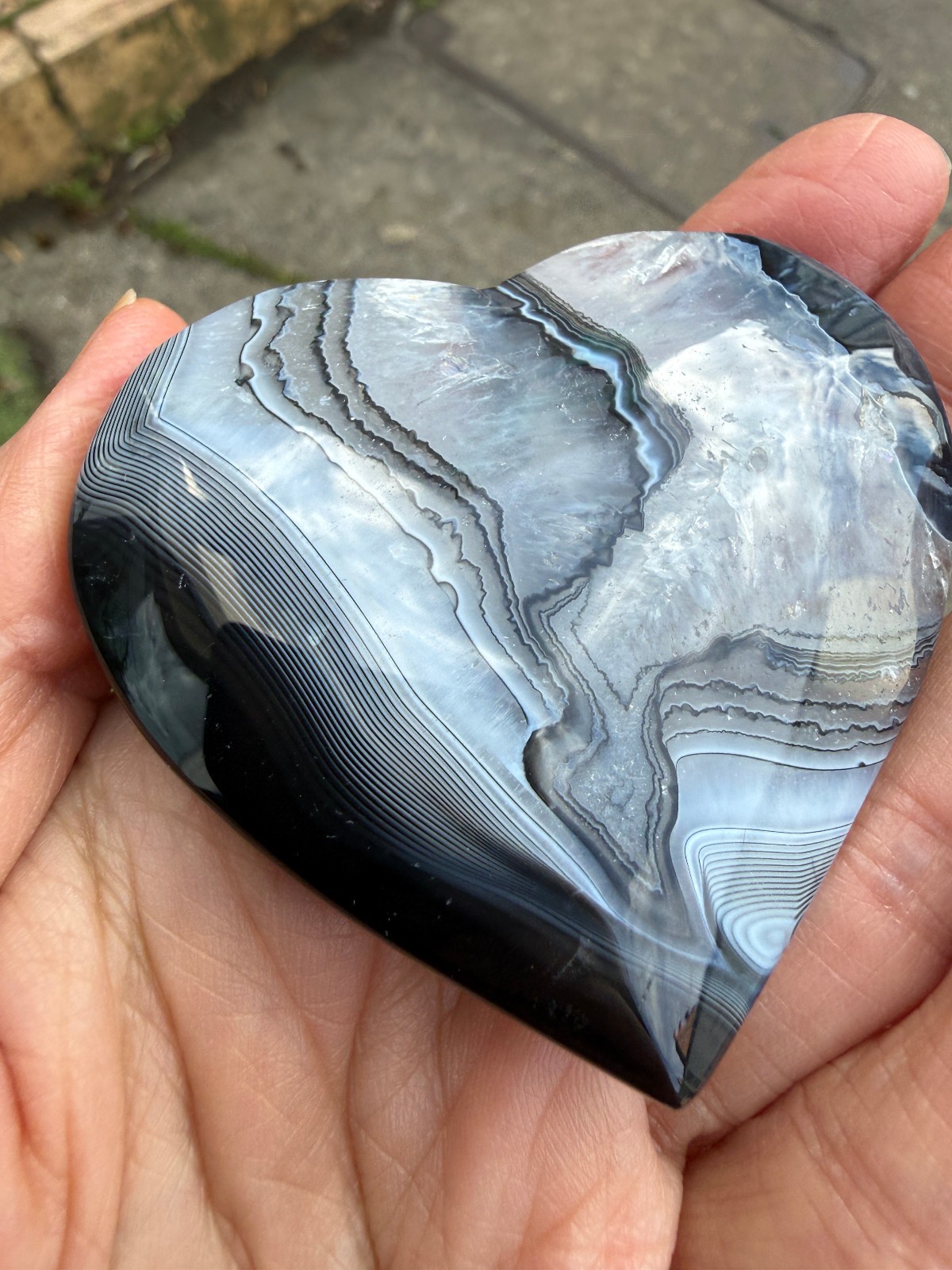 Black and clear banded Botwana Agate Natural Crystal Heart Polished Success 83g