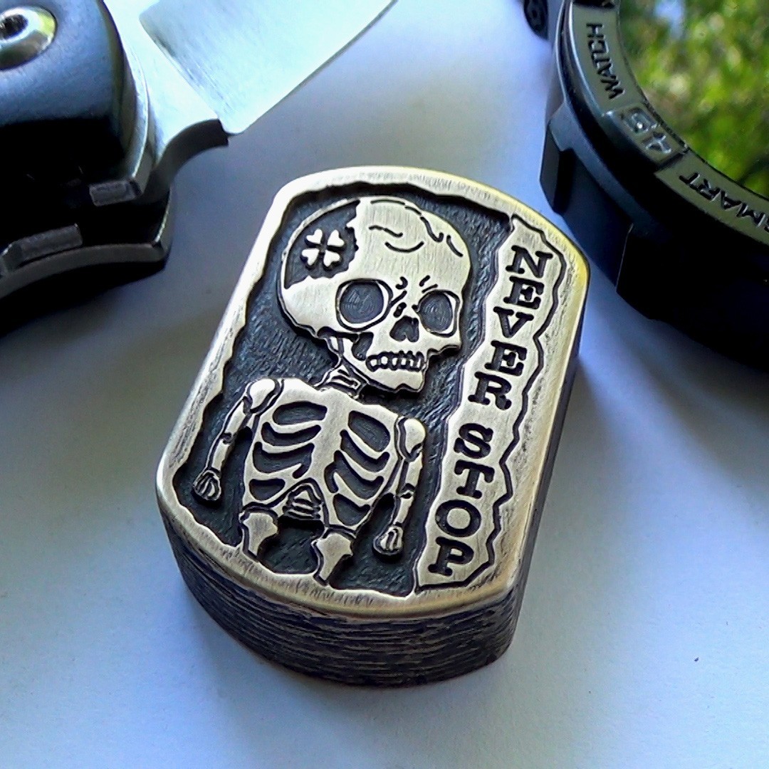 Brass Skeleton Motivational Coin Never Stop – Worry Stone Pocket Token Fidget To
