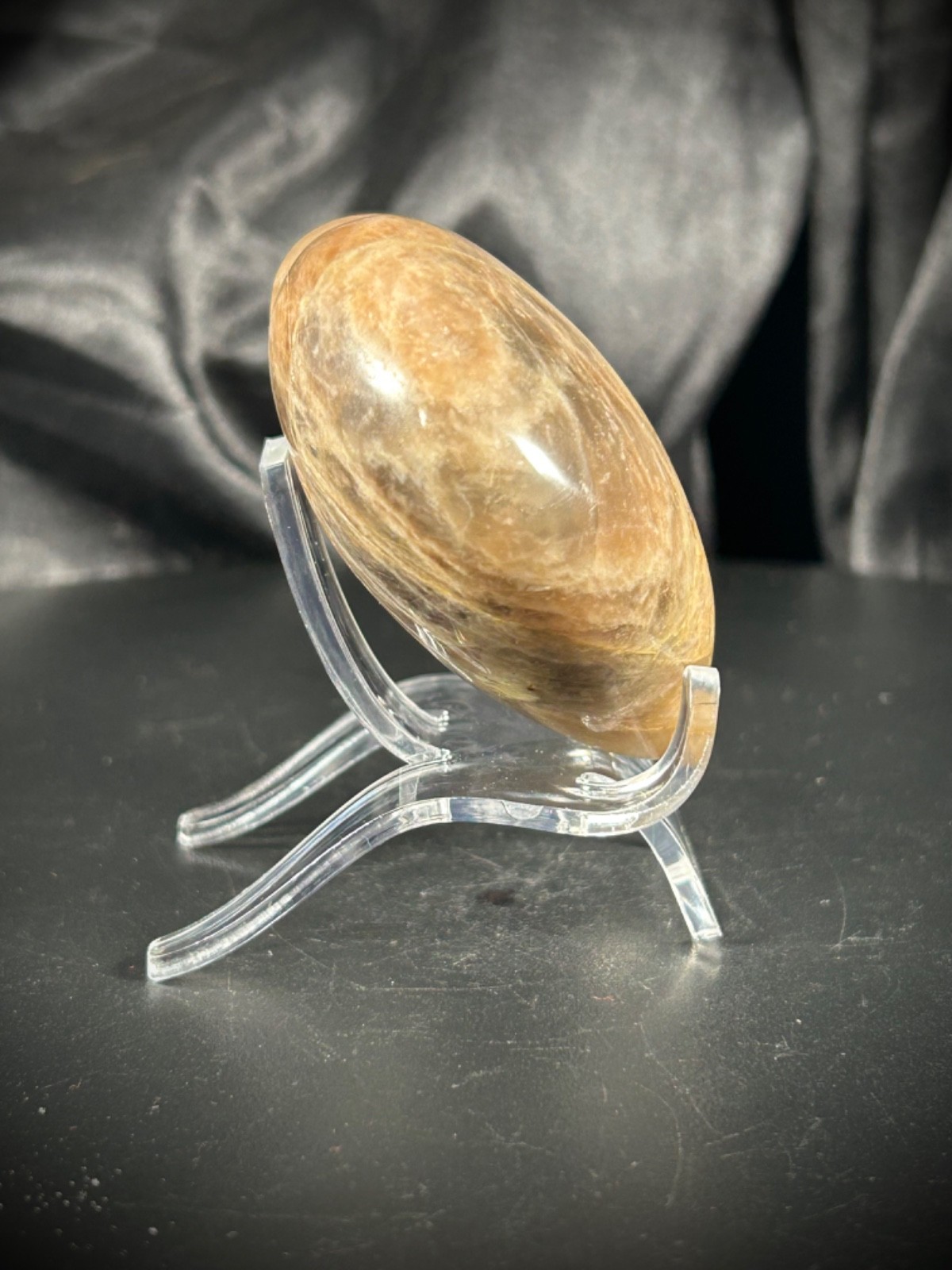2.79″ Black Peach Moonstone With Acrylic Stand 6.3oz (178 grams)
