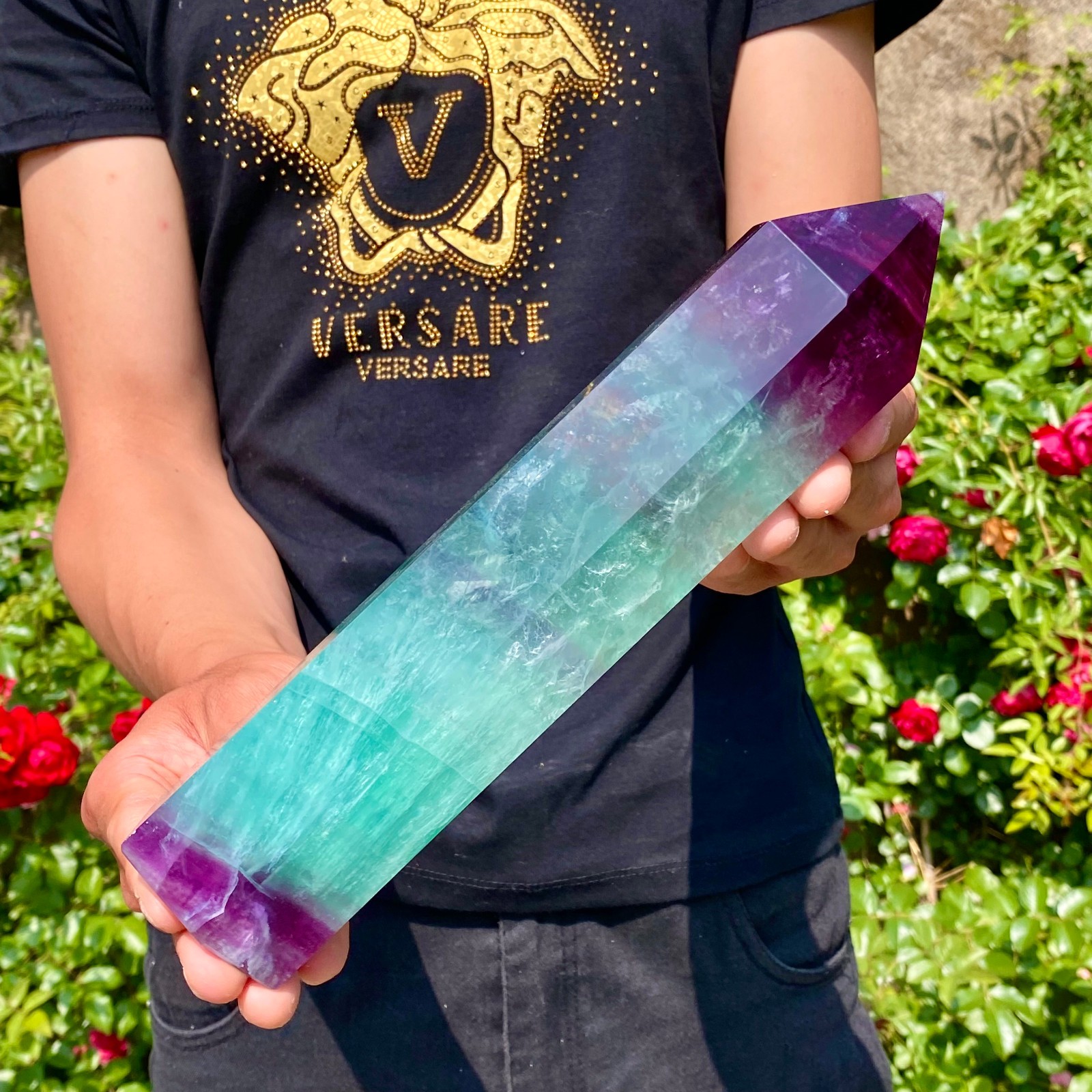 3.19LB Natural rainbow fluorite obelisk quartz crystal wand point Gem Healing