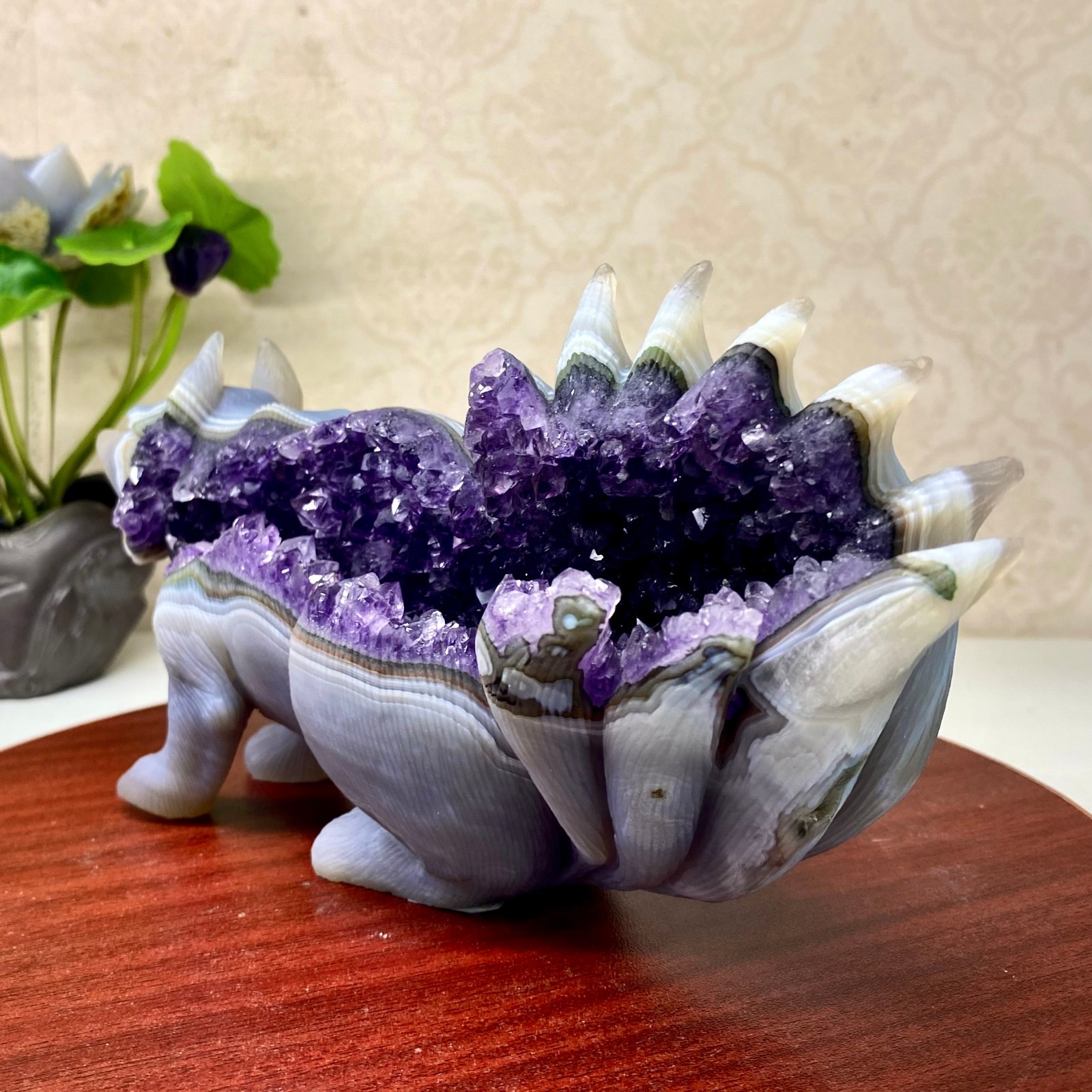 2.73LB Natural Agate Geode Hand Carved Nine-tailed Fox Quartz Crystal Decor