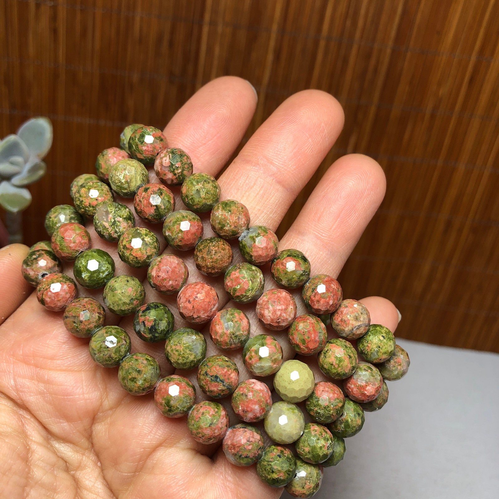 5Pcs Wholesal Natural Polish Unakite stone bracelets Crystal ball 8mm facet 3427