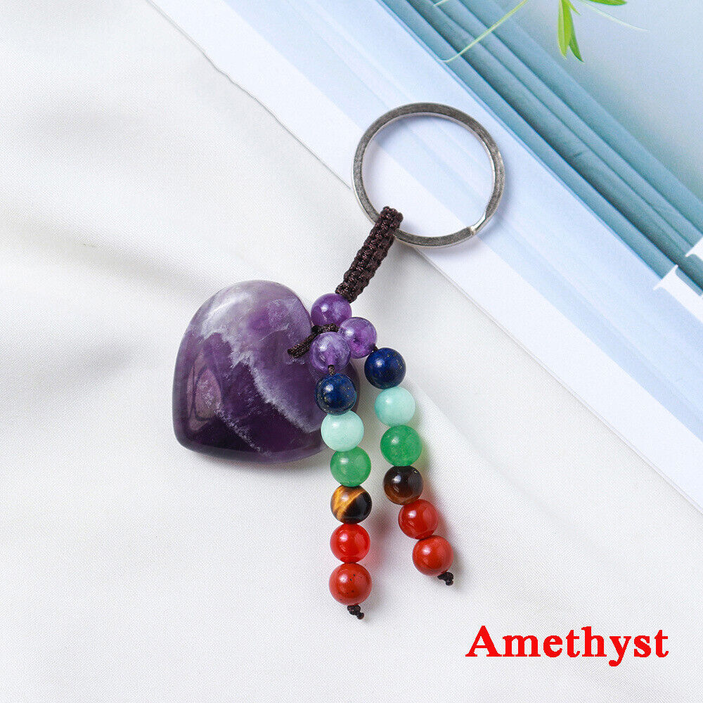 Gemstone Love Heart 7 Chakra Beads Tassel Healing Keychain Bag Charm Pendant USA