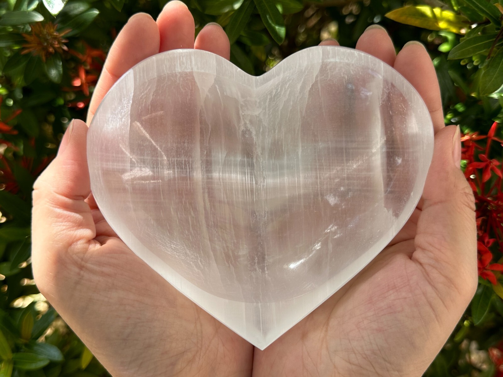 Large Selenite Heart Bowl, 5″ Selenite Heart Shaped Dish Bowl with Pedestal