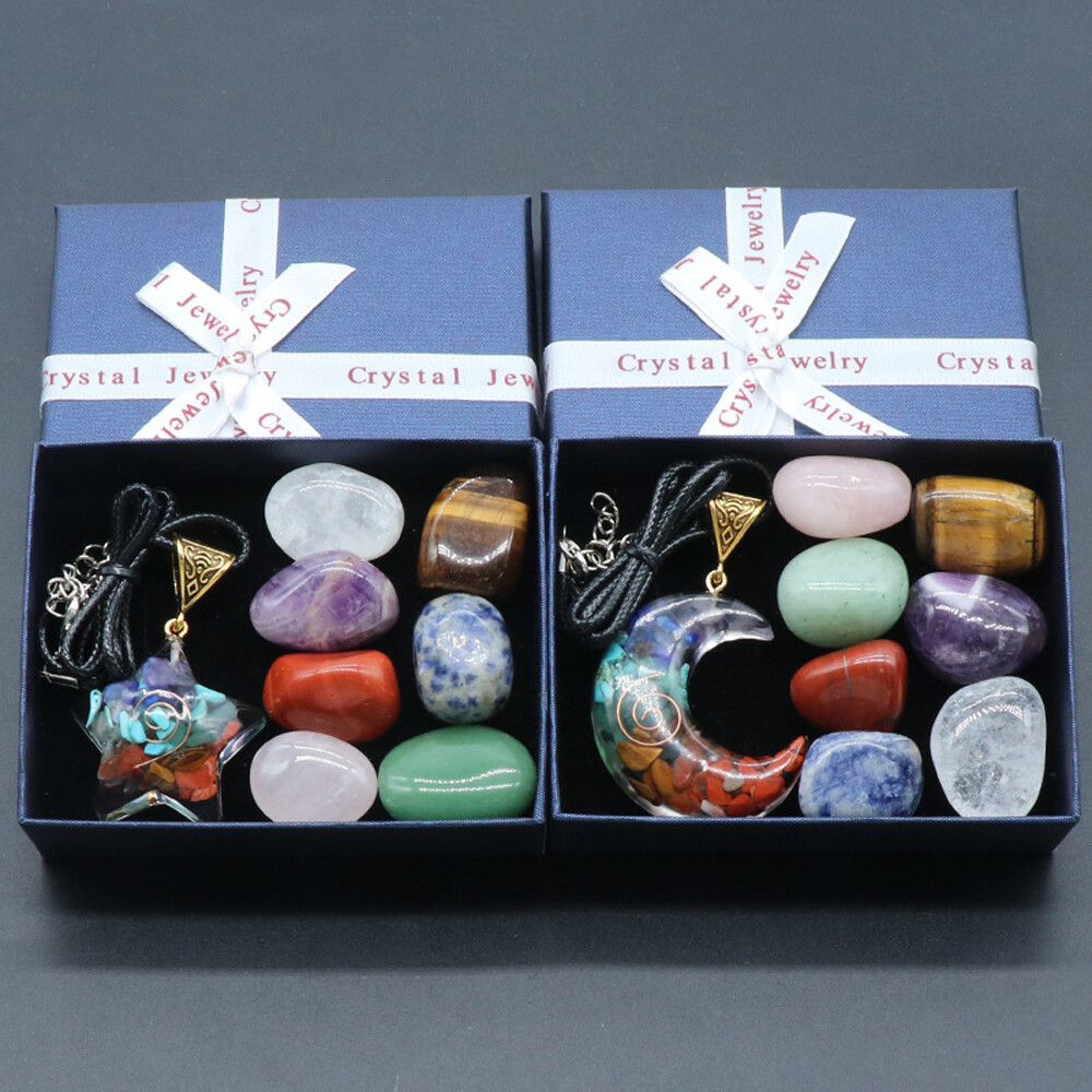Natural 7 Chakra Healing Crystal Tumbled Stone Set Moon Star Pendant W/ Gift Box