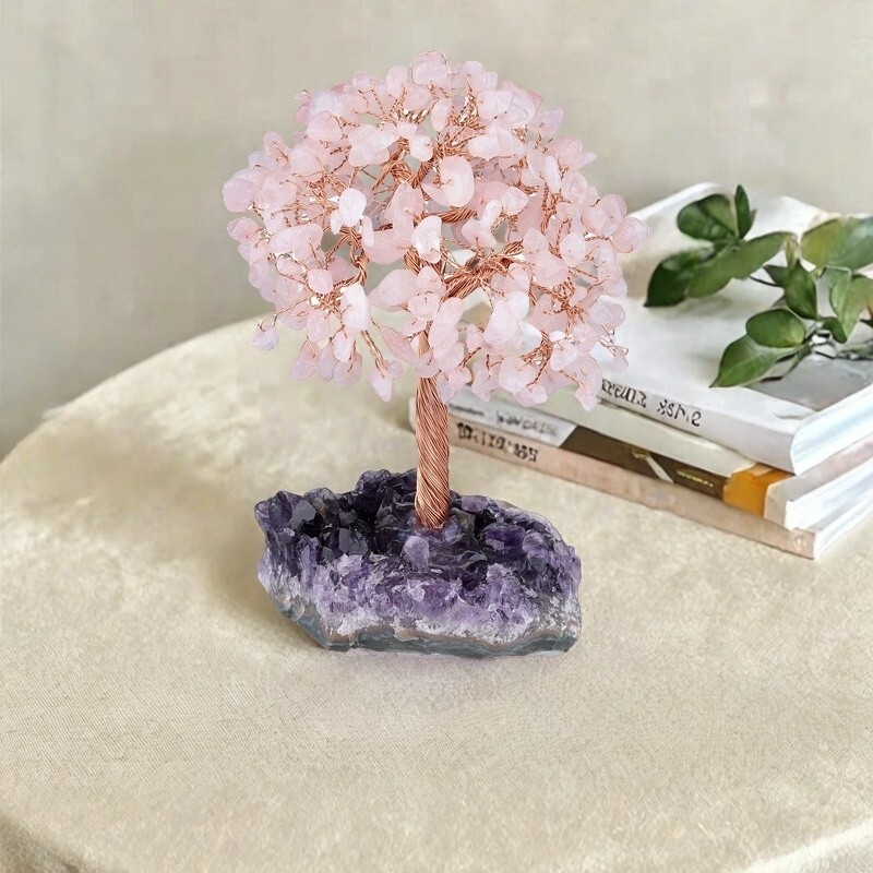 Handmade Rose Quartz Tree of Life on Amethyst Geode Base Fortune Tree Home Decor