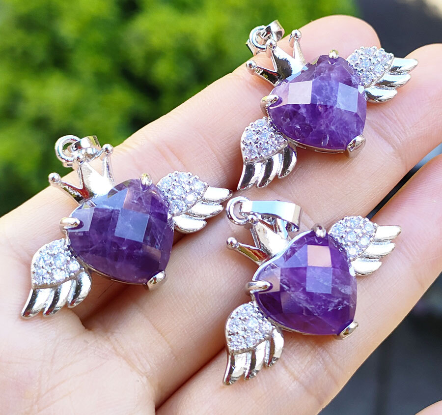 10pcs Natural Amethyst Pendants Faceted Gems Angel Wings Heart Love Luck Amulet