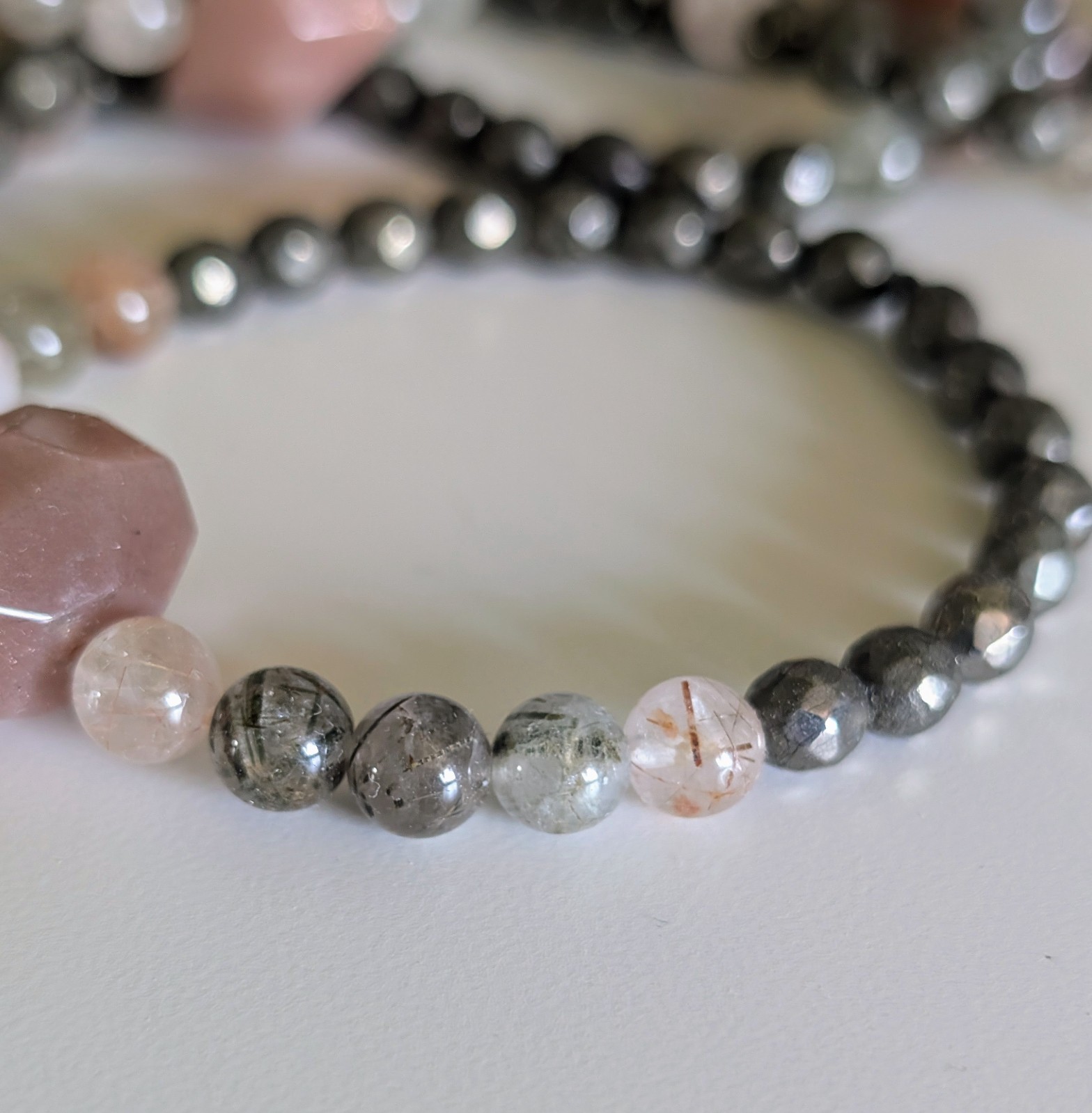 Sunstone Bracelet Size 6.25 Mixed Rutile & Pyrite 6mm Beads Matching Set of 2