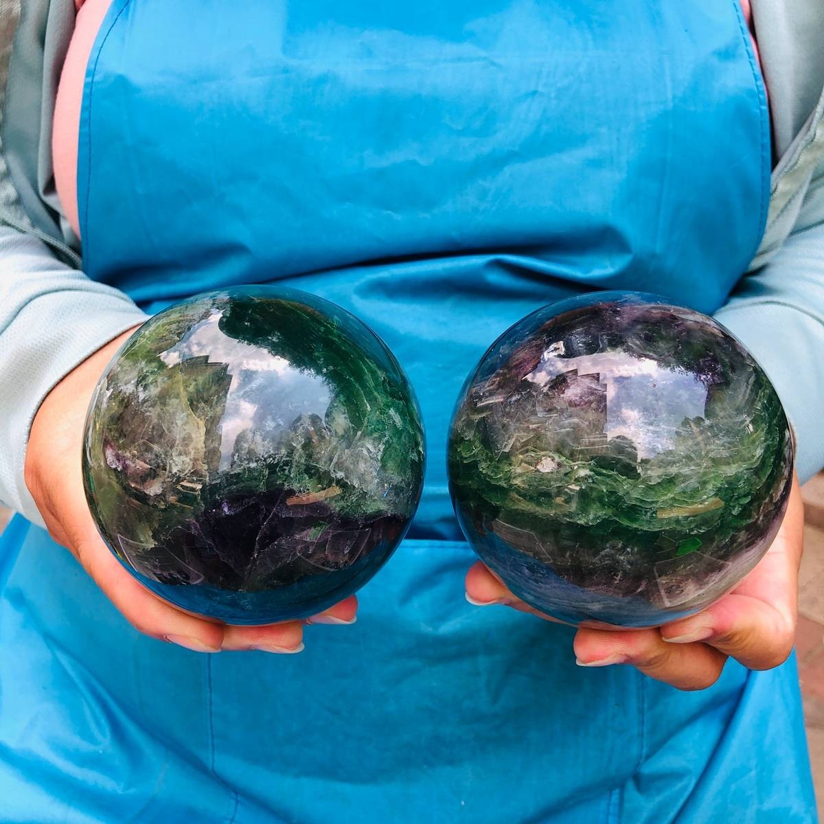 4.92LB 2Pcs Natural Colourful Fluorite Sphere Quartz Crystal Ball Healing Stone