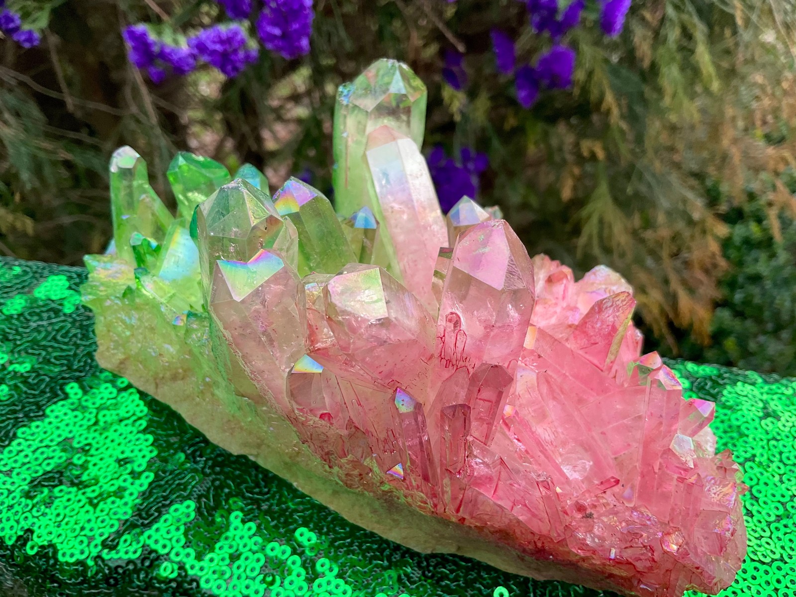 Pink & Green Aura Quartz Crystal Cluster ~ 1 Lb. 14 oz. ~ 6 1/2″ Long ~ Sparkli