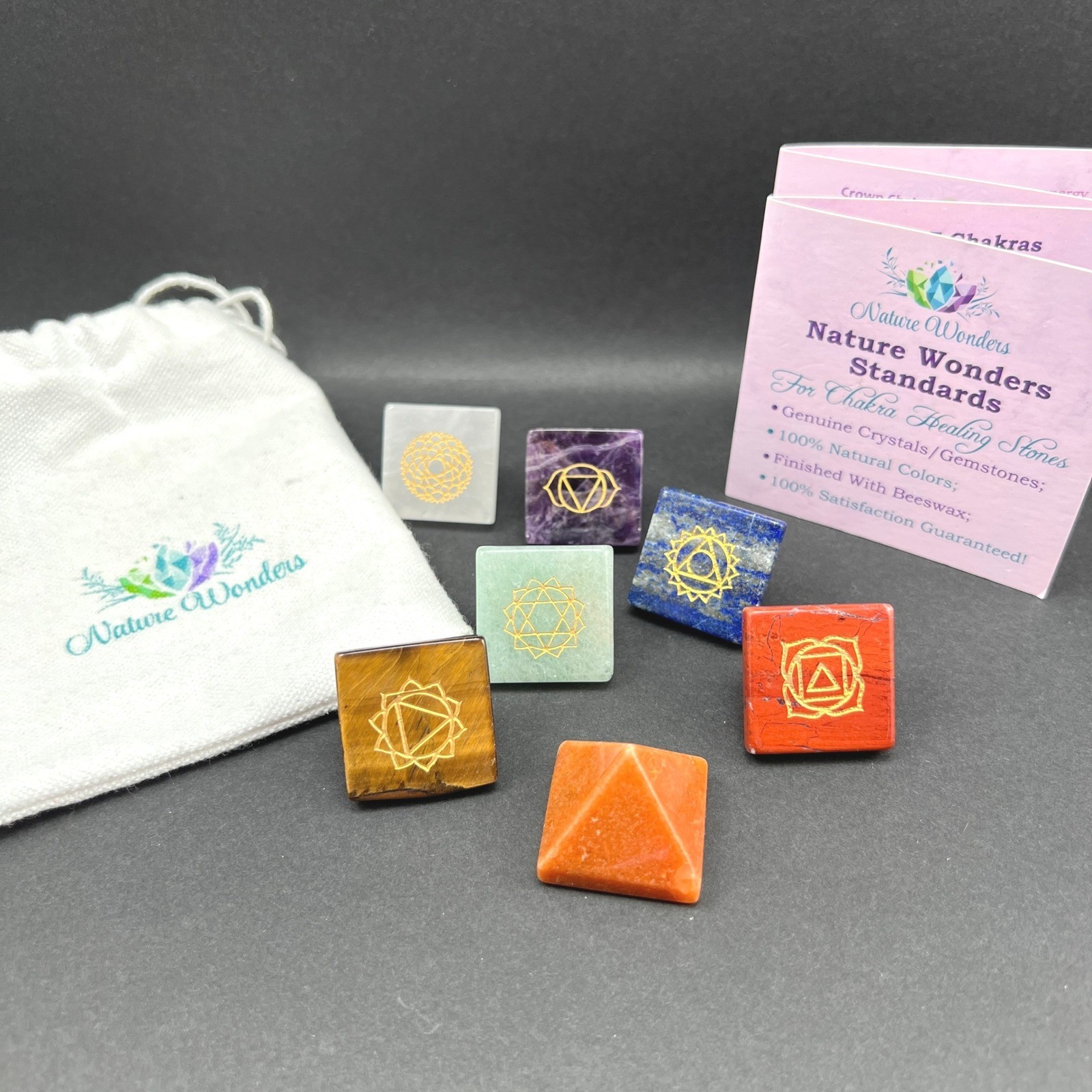 Chakra Crystals Pyramid Multicolor Engraved 7pc Nature Wonders Chakra Stones