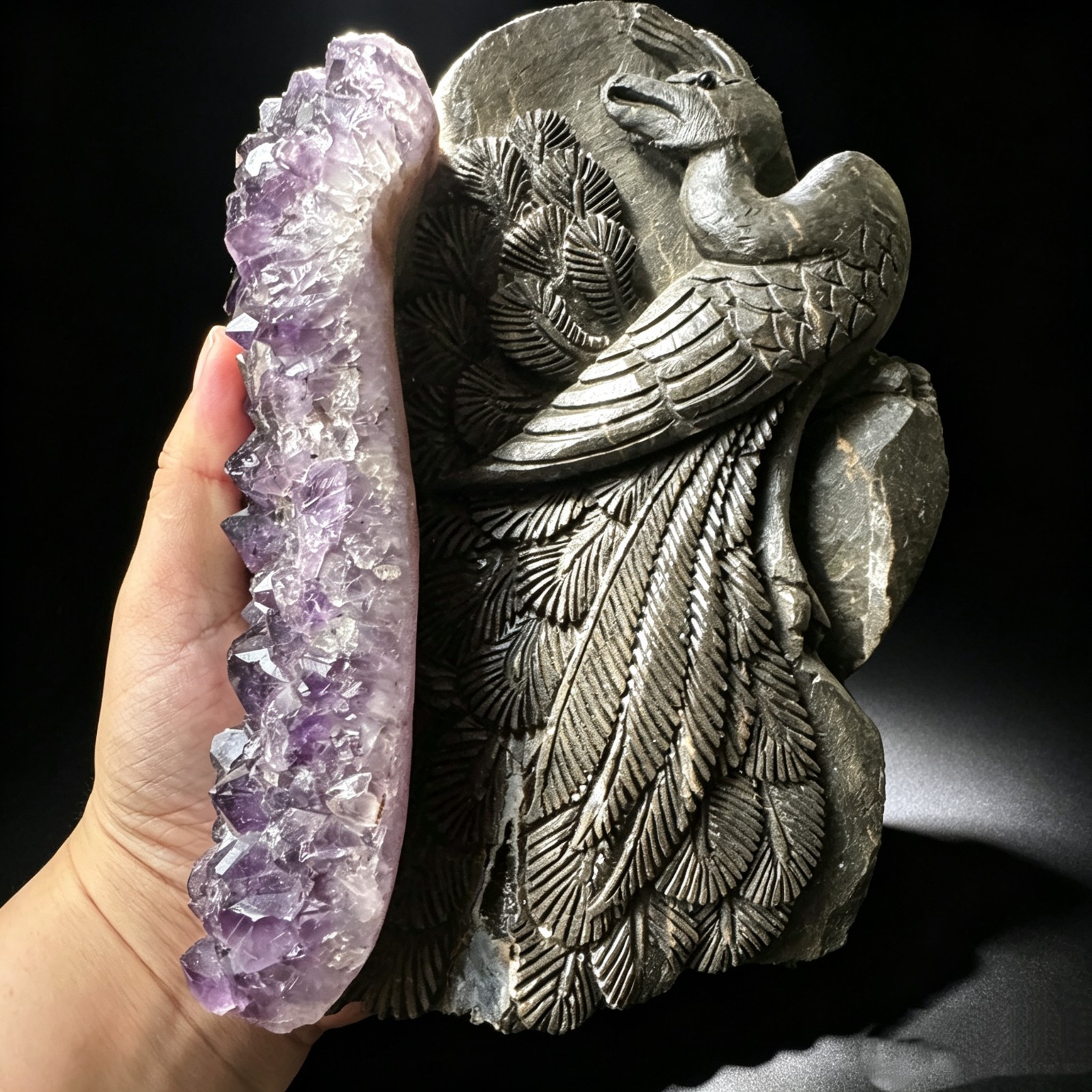 Hand Carved Natural Amethyst Cluster Peacock Sculpture | office desk luxury Gift